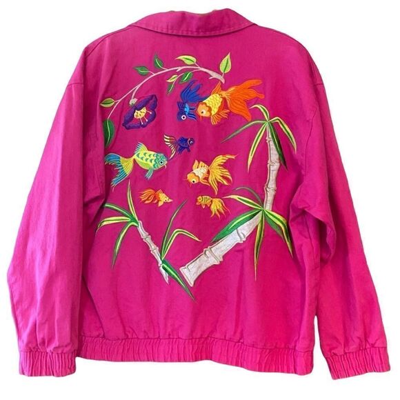 I.B. Diffusion Sz 8 Fuschia Pink Heavy Embroidered Koi Fish Vintage Jacket - Picture 1 of 12